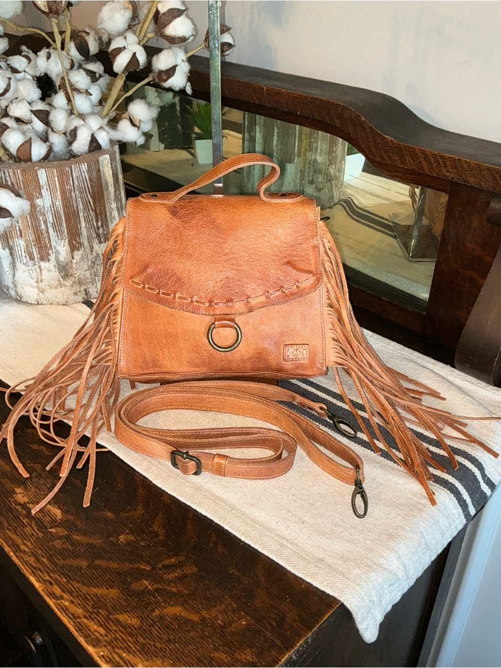 NWOT Bed Stu Fringe Leather Hidden Crossbody Bag Handbag Tan DD MSRP $245